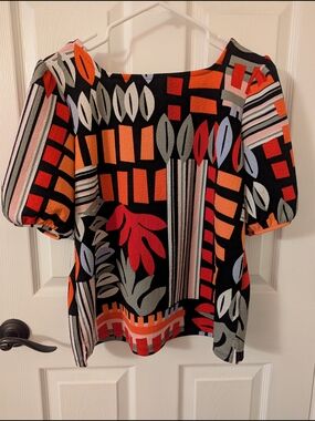 Women’s Geometric & Floral Puff-Sleeve Top - Black, Orange & Red